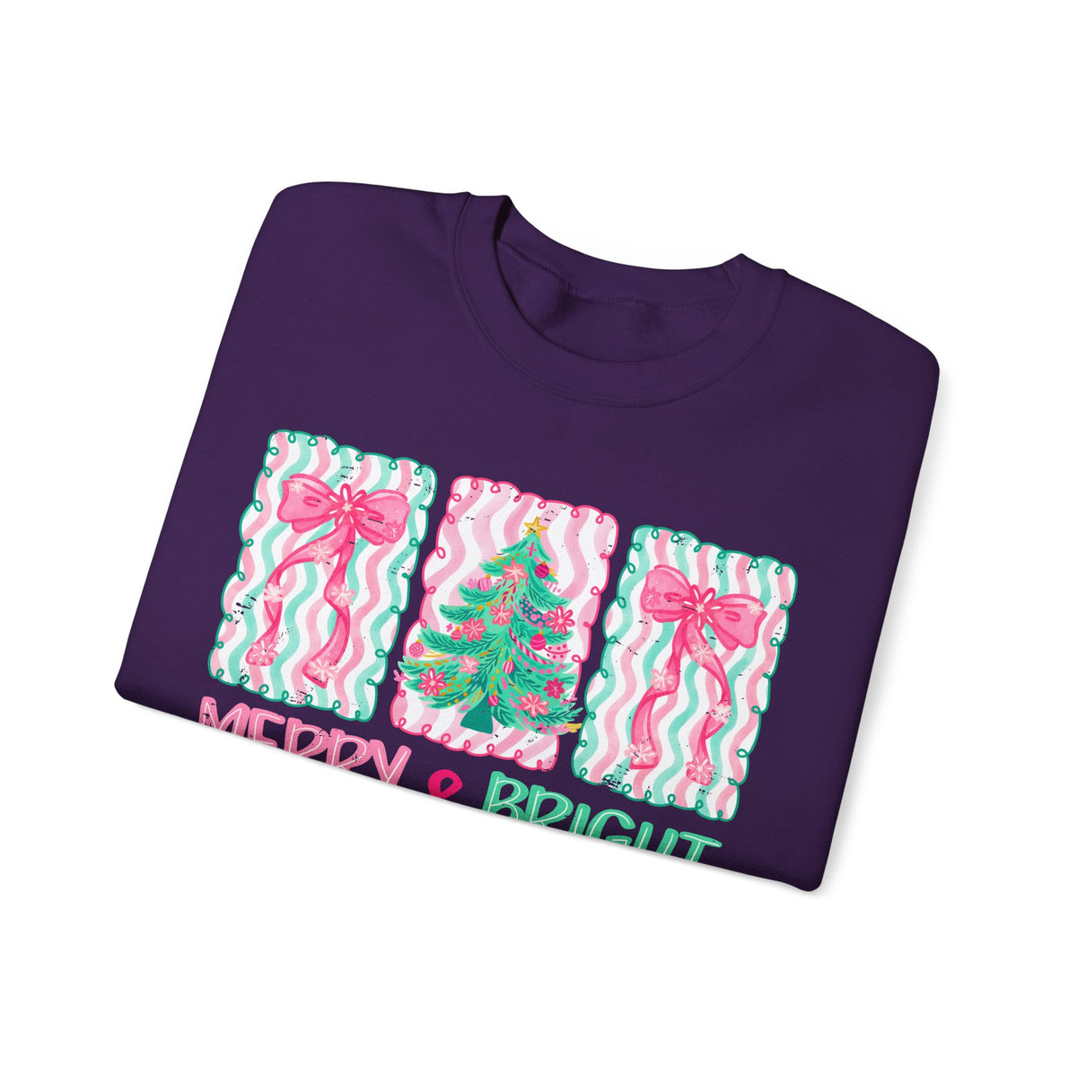 Merry & Bright Christmas - Pink & Green Holiday Tree Design – Gildan Heavy Blend | Trendy Women’s Soft Sweatshirt. Direct to Garment. Printed & Shipped in the USA. Unisex Sizes.