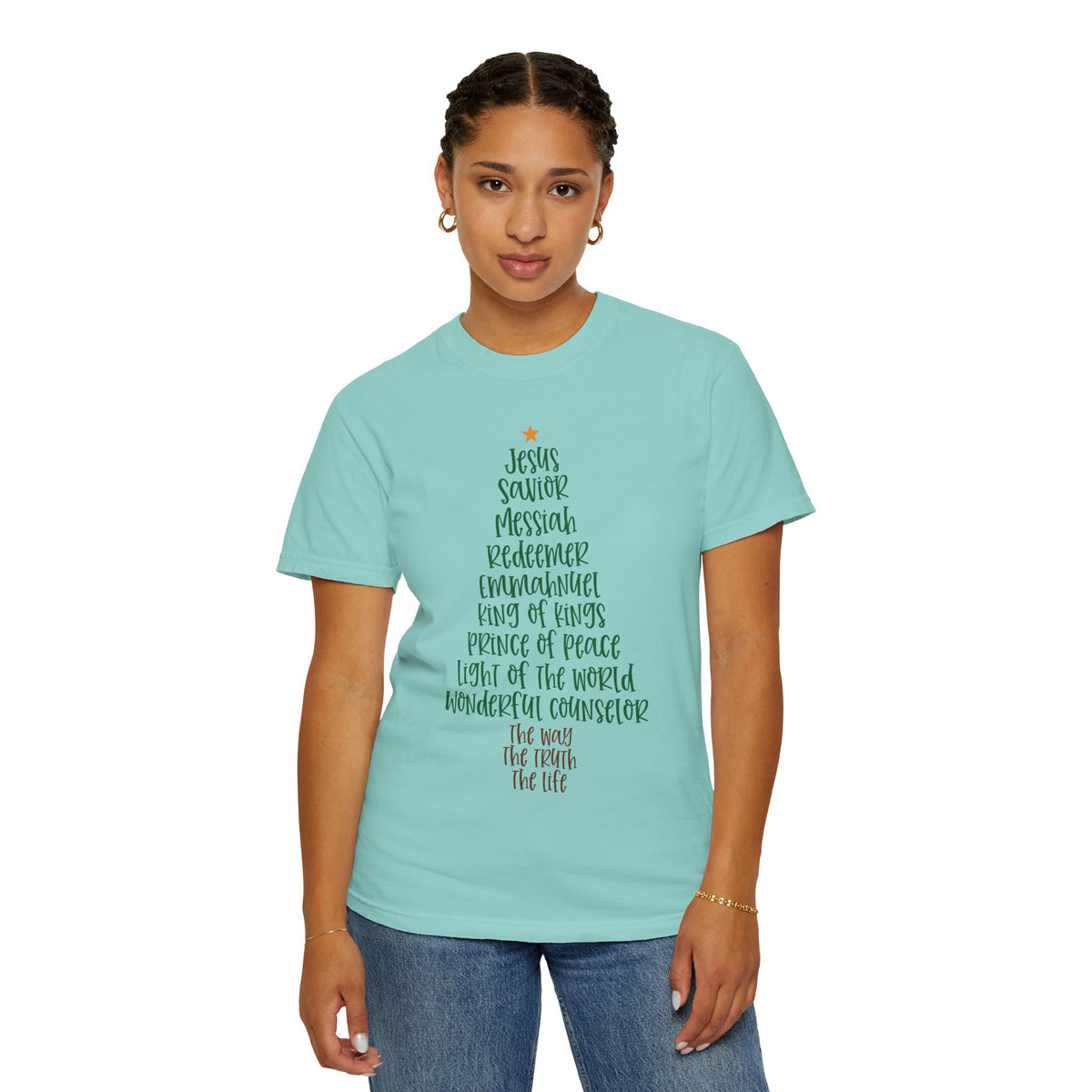 Jesus Name Christmas Tree - Comfort Colors | Trendy Women's T-Shirt. Direct to Garment. Printed & Shipped in the USA. Unisex Sizes.