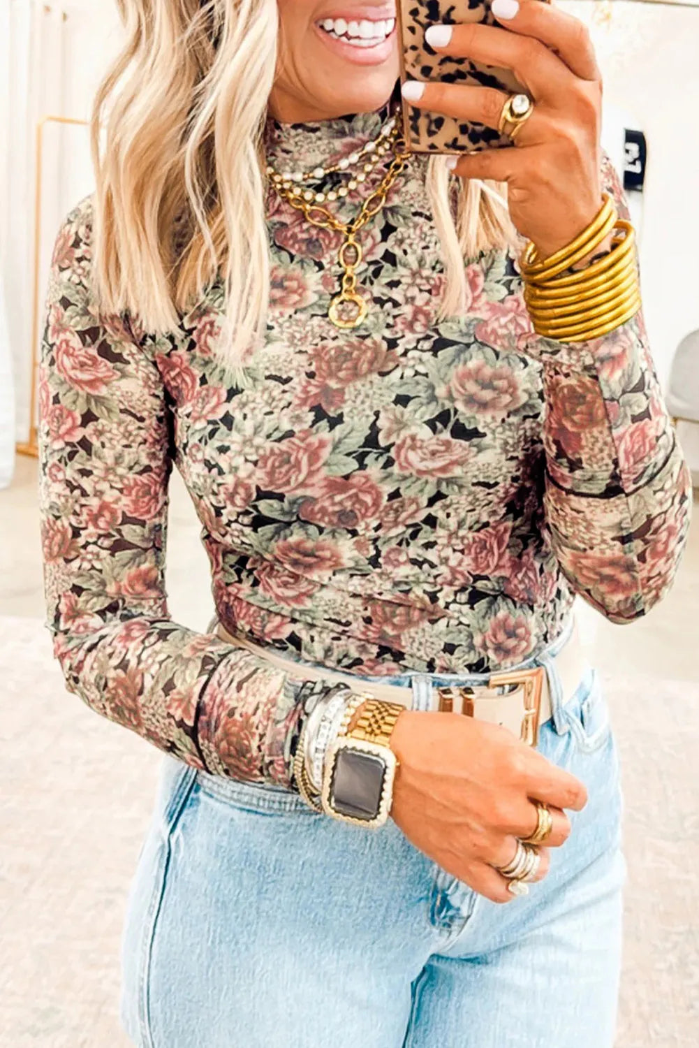 All-Over Floral Print Mock Neck Mesh Long Sleeve Top