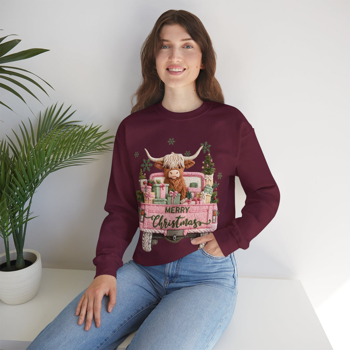 Highland Cow in Pink Truck Merry Christmas Holiday Farmhouse – Gildan Heavy Blend | Trendy Women’s Soft Sweatshirt. Direct to Garment. Printed & Shipped in the USA. Unisex Sizes.