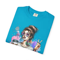Cool Mombie with Coffee Peace Tattoo - Comfort Colors | Trendy Women's T-Shirt. Direct to Garment. Printed & Shipped in the USA. Unisex Sizes.