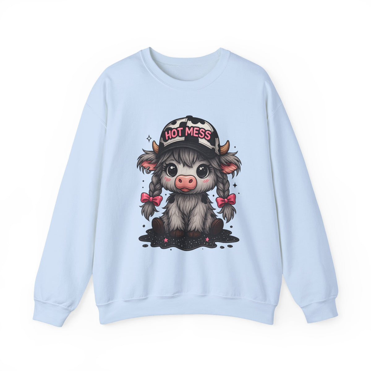 Cute Highland Cow 'Hot Mess' In Braids – Gildan Heavy Blend | Trendy Women’s Soft Sweatshirt. Direct to Garment. Printed & Shipped in the USA. Unisex Sizes.