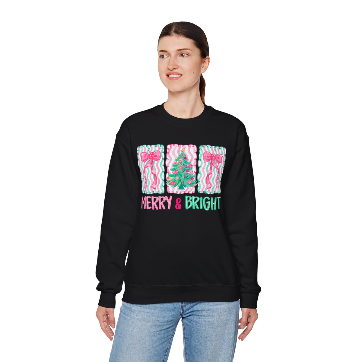 Merry & Bright Christmas - Pink & Green Holiday Tree Design – Gildan Heavy Blend | Trendy Women’s Soft Sweatshirt. Direct to Garment. Printed & Shipped in the USA. Unisex Sizes.