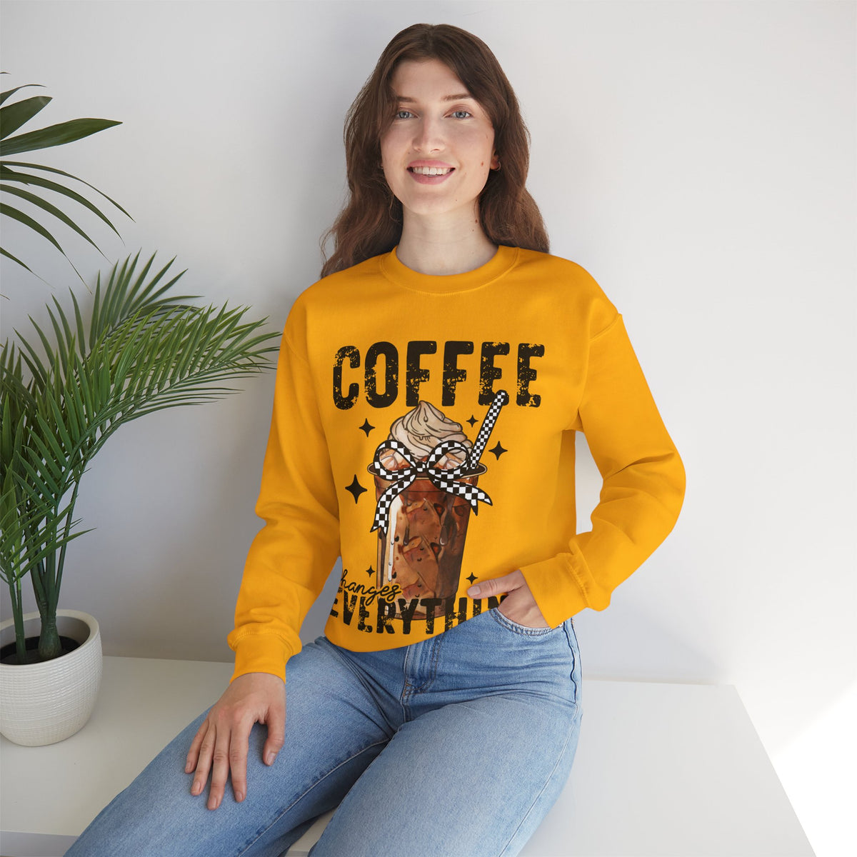 Coffee Changes Everything, Iced Coffee, Coffee Lovers – Gildan Heavy Blend | Trendy Women’s Soft Sweatshirt. Direct to Garment. Printed & Shipped in the USA. Unisex Sizes.