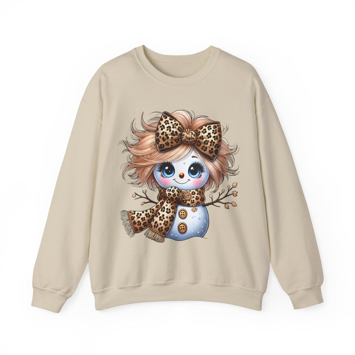 Snowgirl Cute Leopard Bow Snowman, Winter Cozy – Gildan Heavy Blend | Trendy Women’s Soft Sweatshirt. Direct to Garment. Printed & Shipped in the USA. Unisex Sizes.