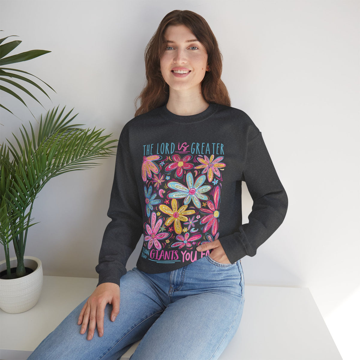The Lord Is Greater Than The Giants You Face – Gildan Heavy Blend | Trendy Women’s Soft Sweatshirt. Direct to Garment. Printed & Shipped in the USA. Unisex Sizes.