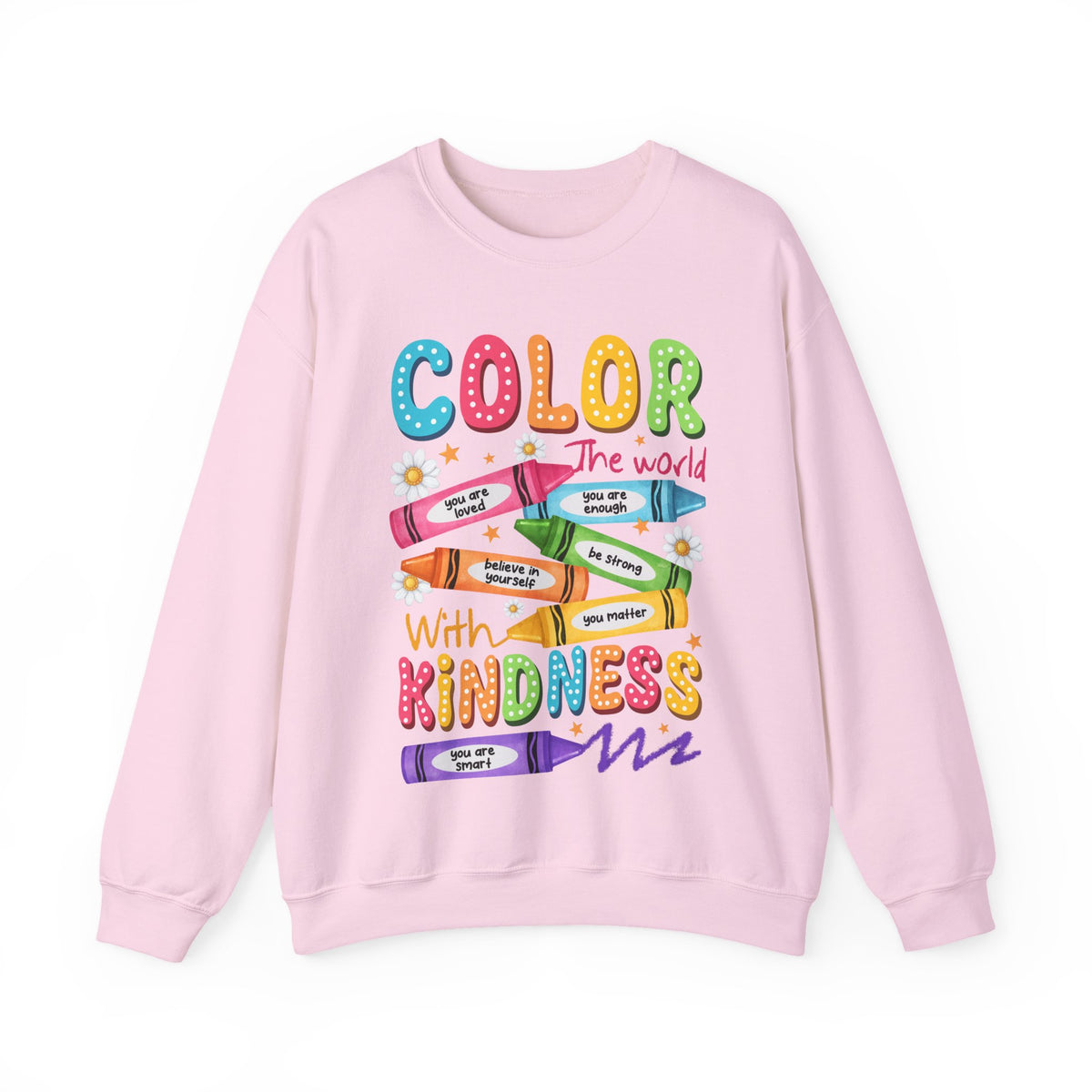 Color the World With Kindness Crayons, Great Teacher Gift – Gildan Heavy Blend | Trendy Women’s and Men's Soft Sweatshirt. Direct to Garment. Printed & Shipped in the USA. Unisex Sizes.