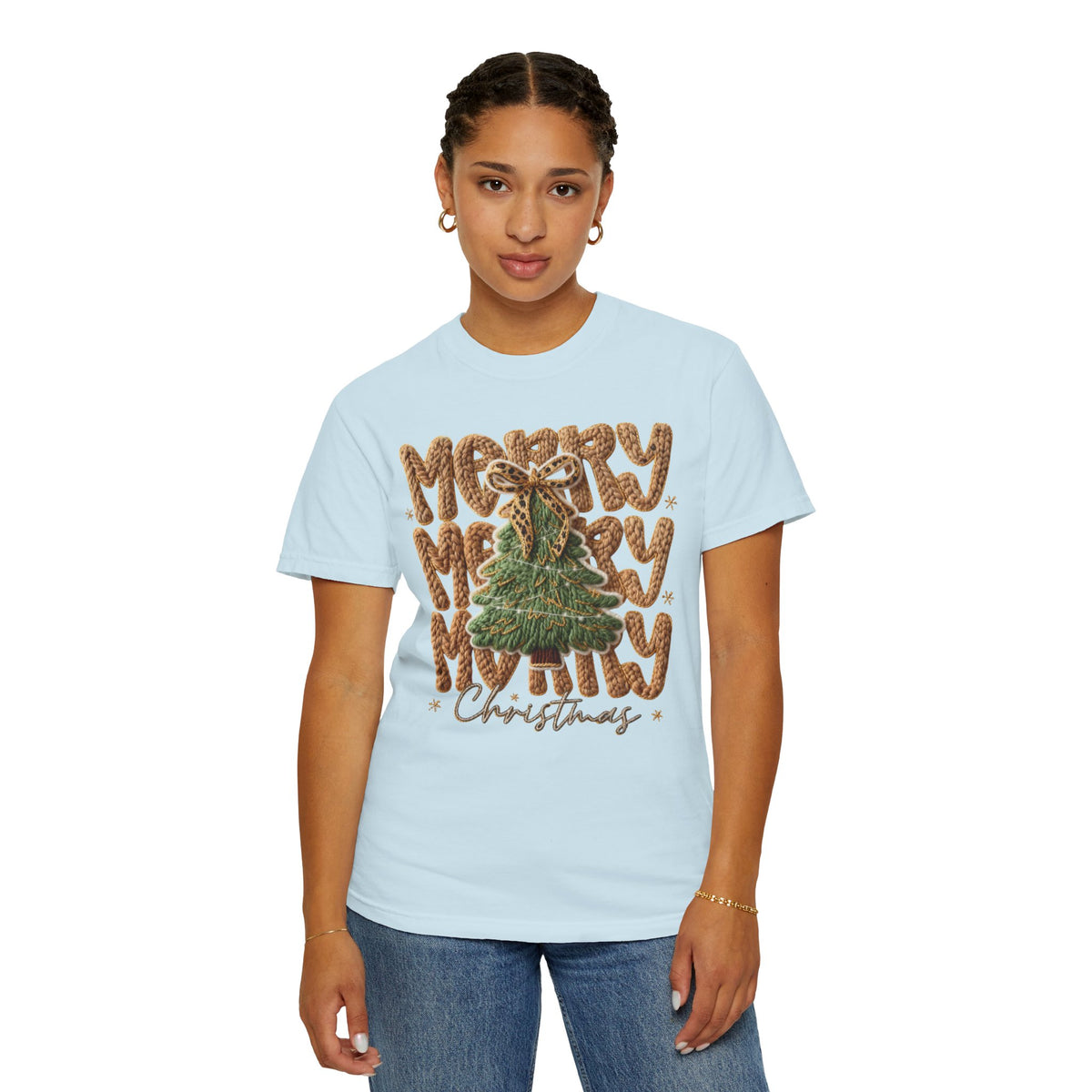 Merry Merry Merry Christmas, Faux Latch Hook Yarn - Comfort Colors | Trendy Women's T-Shirt. Direct to Garment. Printed & Shipped in the USA. Unisex Sizes.
