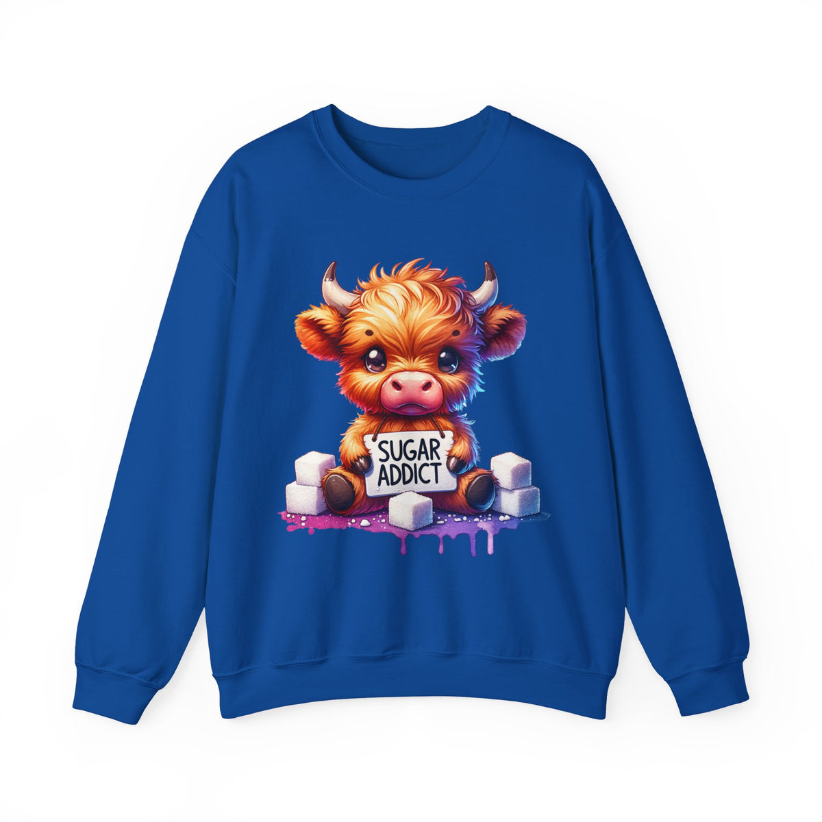 Sugar Addict Highland Cow – Gildan Heavy Blend | Trendy Women’s Soft Sweatshirt. Direct to Garment. Printed & Shipped in the USA. Unisex Sizes.