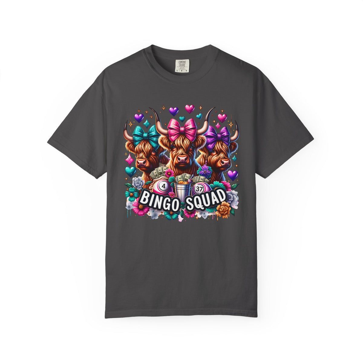 Cute Highland Cows Bingo Squad - Comfort Colors | Trendy Women's T-Shirt. Direct to Garment. Printed & Shipped in the USA. Unisex Sizes.