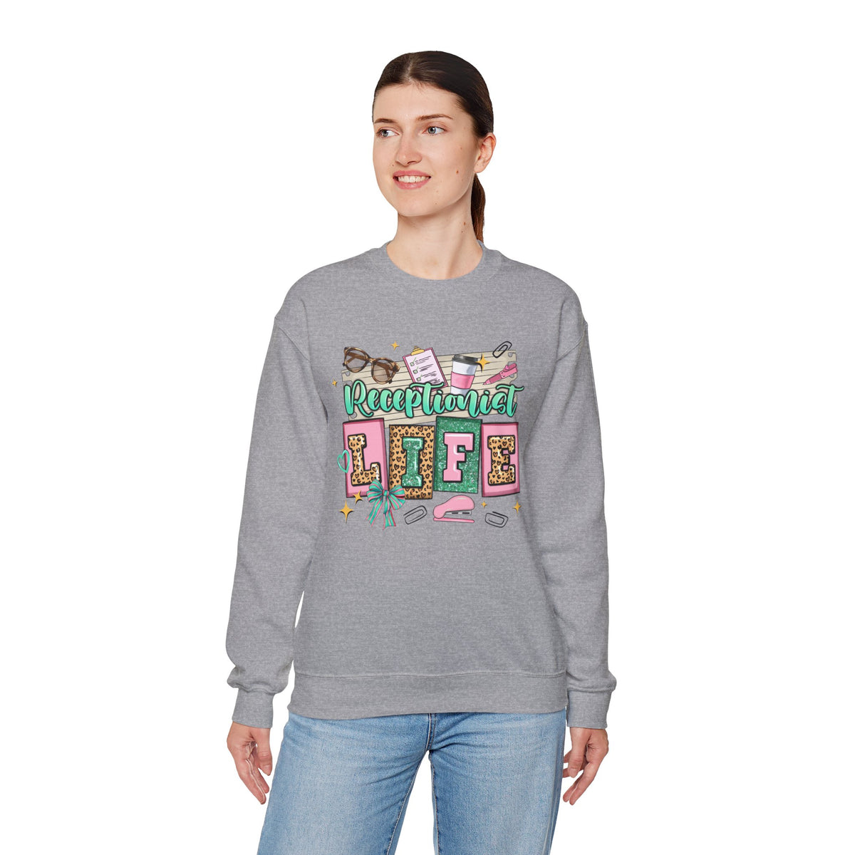 Receptionist Life – Gildan Heavy Blend | Trendy Women’s Soft Sweatshirt. Direct to Garment. Printed & Shipped in the USA. Unisex Sizes.