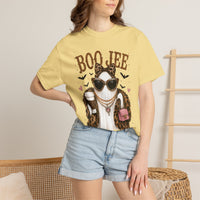 BooJee Ghost with Coffee - Halloween - Comfort Colors | Trendy Women's T-Shirt. Direct to Garment. Printed & Shipped in the USA. Unisex Sizes.