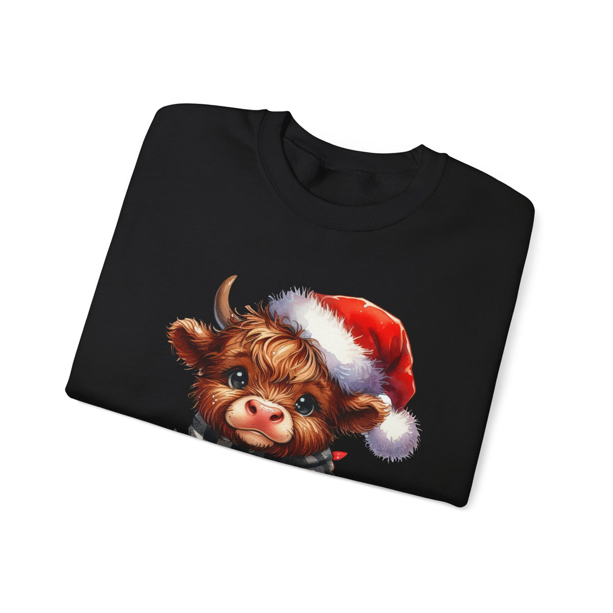 Cute Highland Cow Santa Hat Scarf Christmas Lights – Gildan Heavy Blend | Trendy Women’s Soft Sweatshirt. Direct to Garment. Printed & Shipped in the USA. Unisex Sizes.