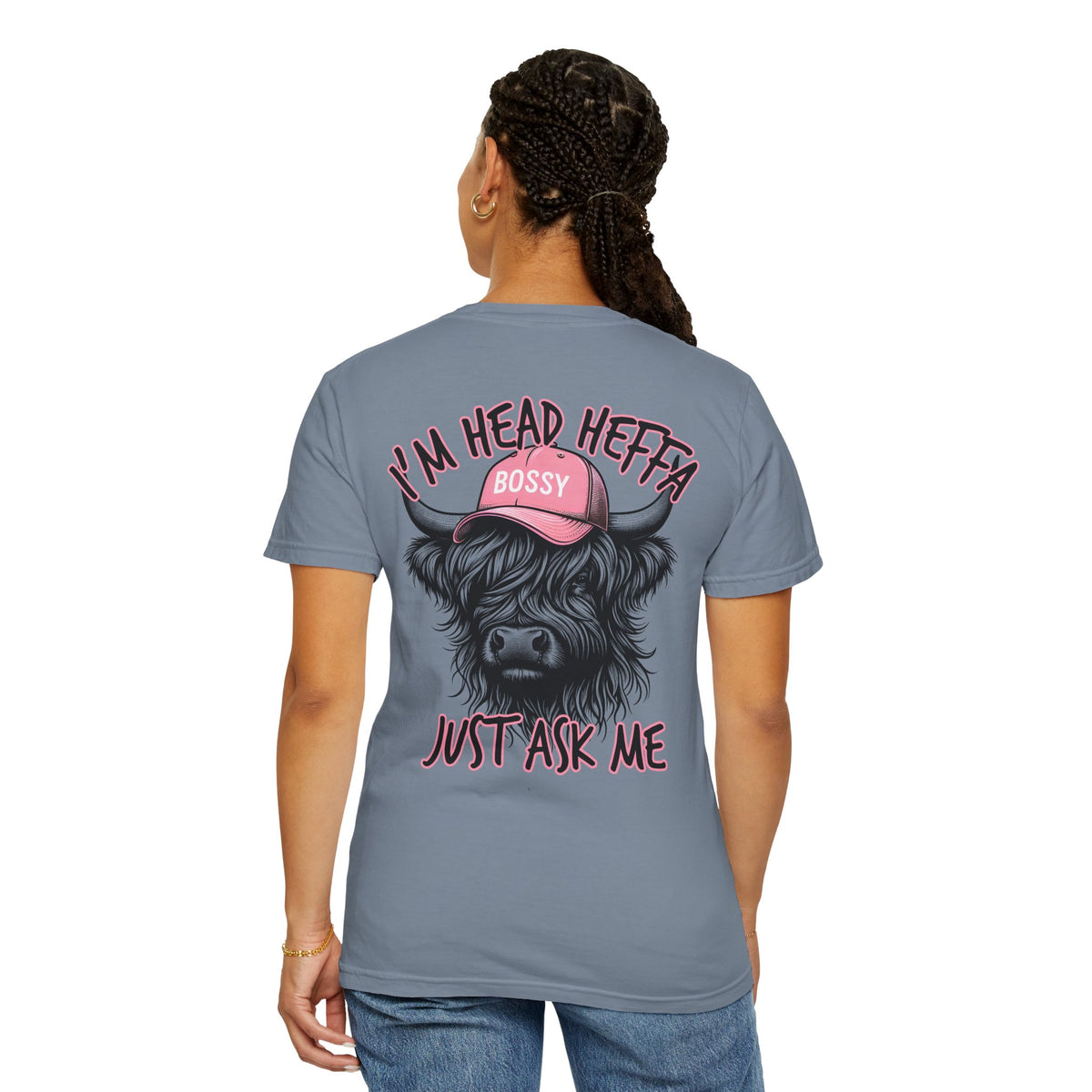 Head Heffa Highland Cow, Front & Back Print - Comfort Colors | Trendy Women's T-Shirt. Direct to Garment. Printed & Shipped in the USA. Unisex Sizes.