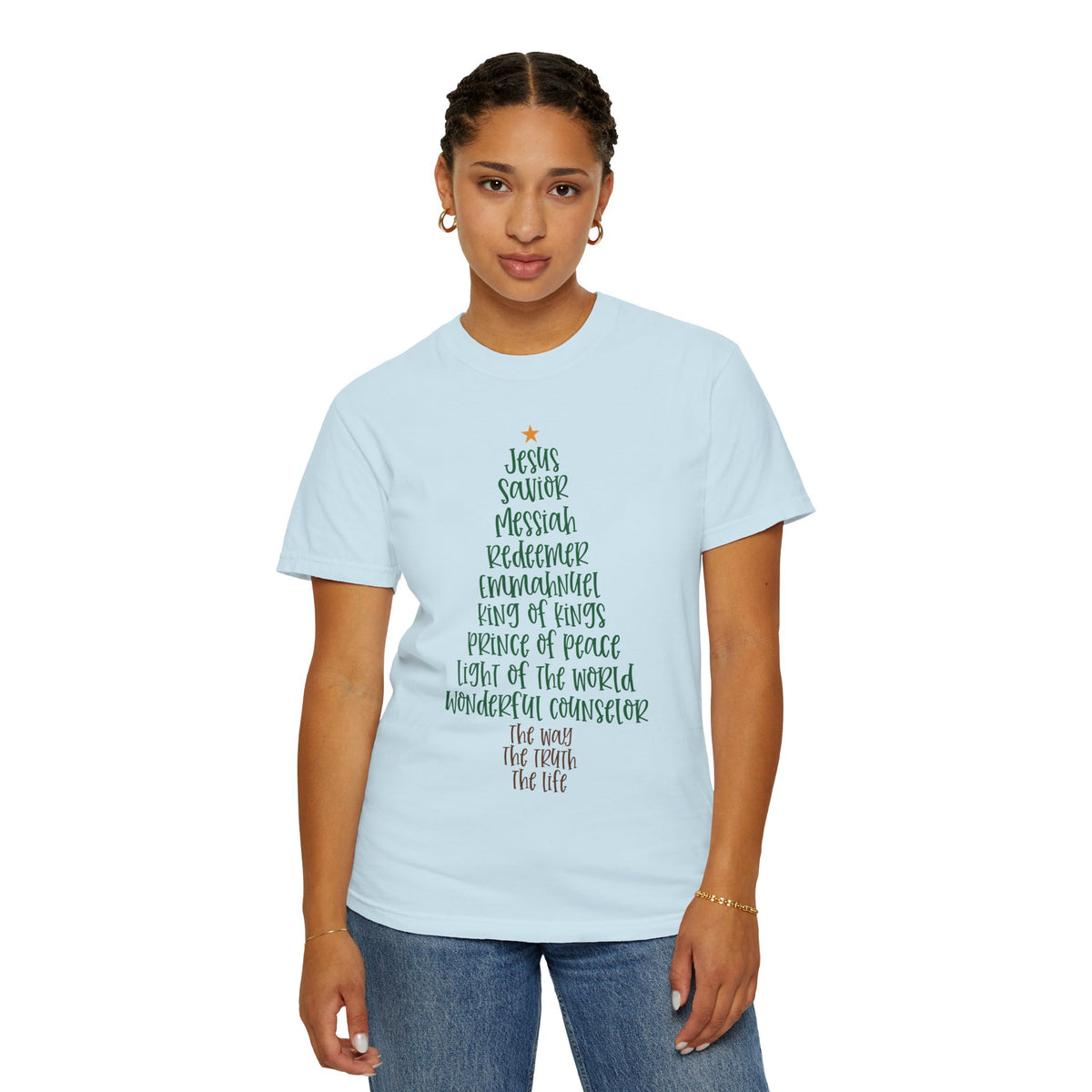 Jesus Name Christmas Tree - Comfort Colors | Trendy Women's T-Shirt. Direct to Garment. Printed & Shipped in the USA. Unisex Sizes.