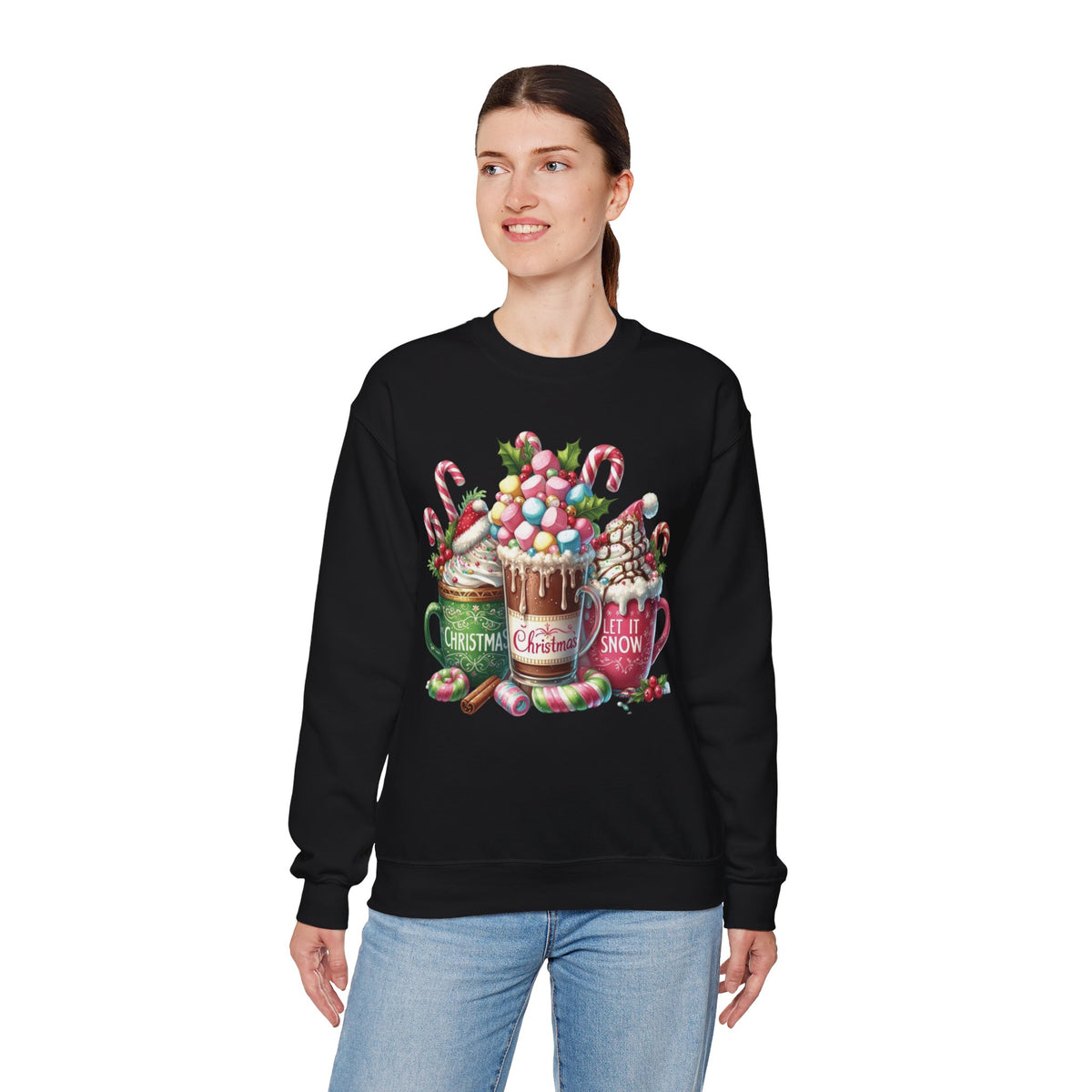 Hot Chocolate Mugs Christmas Hot Cocoa – Gildan Heavy Blend | Trendy Women’s Soft Sweatshirt. Direct to Garment. Printed & Shipped in the USA. Unisex Sizes.