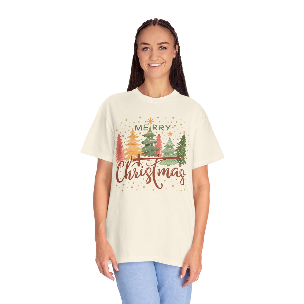 Merry ChrisTmas - Christian Faith - Comfort Colors | Trendy Women's T-Shirt. Direct to Garment. Printed & Shipped in the USA. Unisex Sizes.