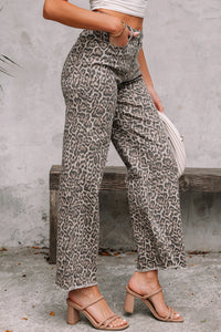 High-Rise Brown Leopard Frayed Edge Wide Leg Jeans