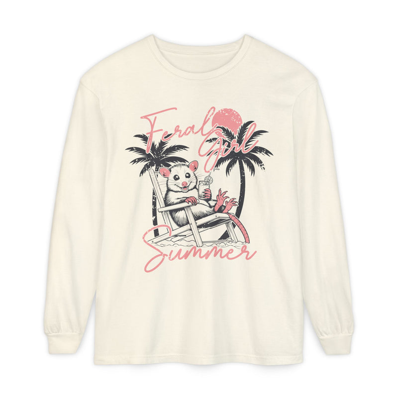 Feral Girl Summer, Possum on a Beach - Comfort Colors | Trendy Women's Long Sleeve T-Shirt. Direct to Garment. Printed & Shipped in the USA. Unisex Sizes.