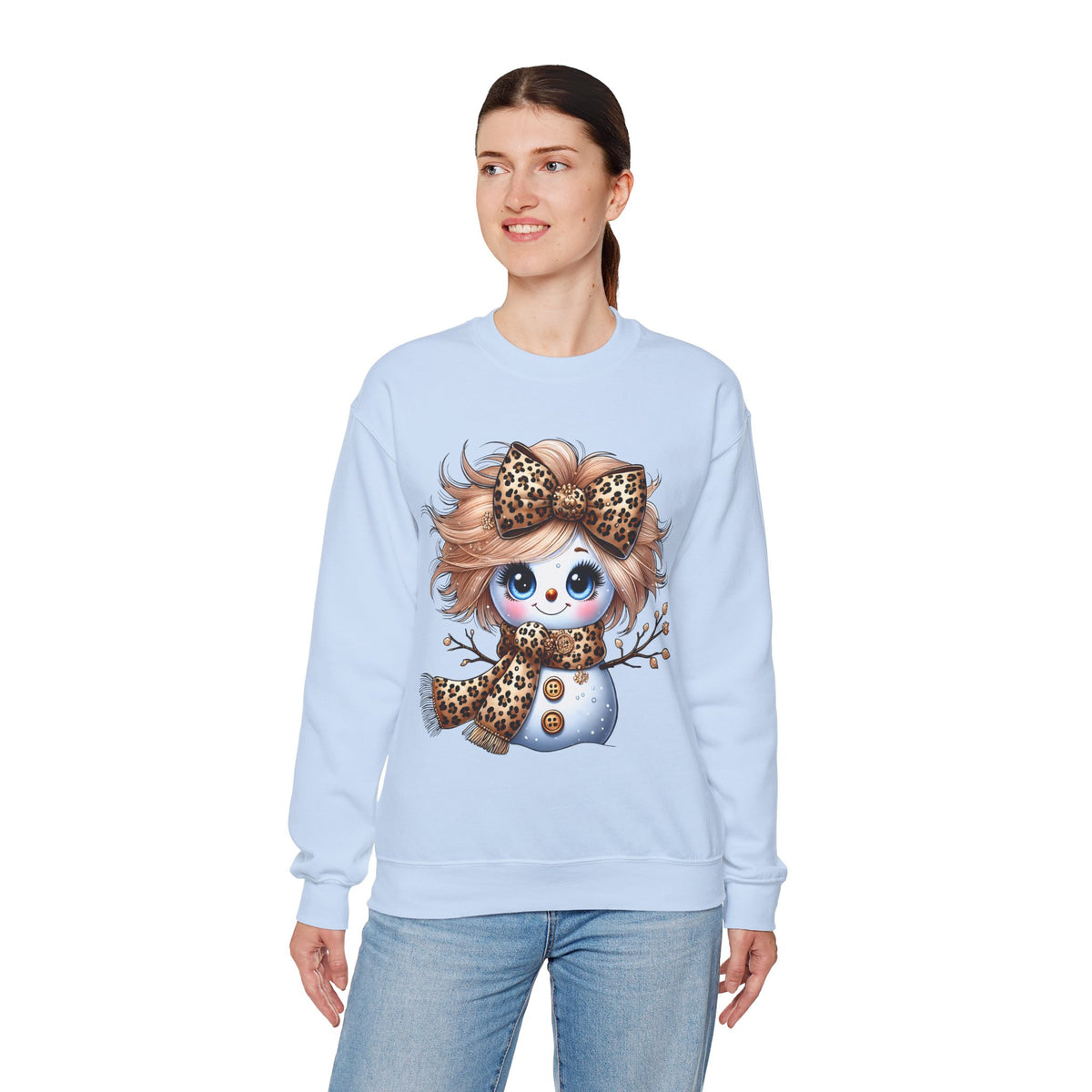 Snowgirl Cute Leopard Bow Snowman, Winter Cozy – Gildan Heavy Blend | Trendy Women’s Soft Sweatshirt. Direct to Garment. Printed & Shipped in the USA. Unisex Sizes.