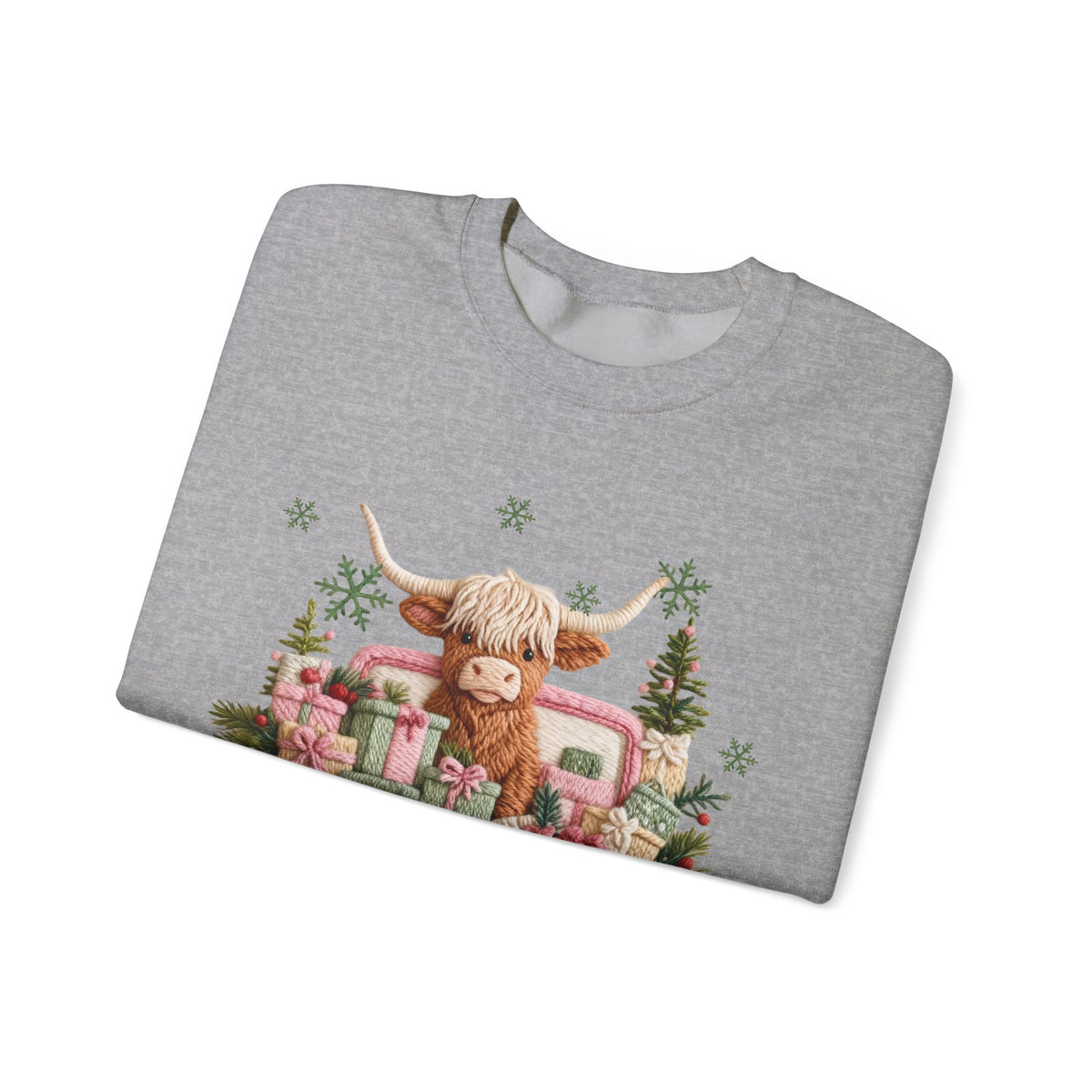 Highland Cow in Pink Truck Merry Christmas Holiday Farmhouse – Gildan Heavy Blend | Trendy Women’s Soft Sweatshirt. Direct to Garment. Printed & Shipped in the USA. Unisex Sizes.