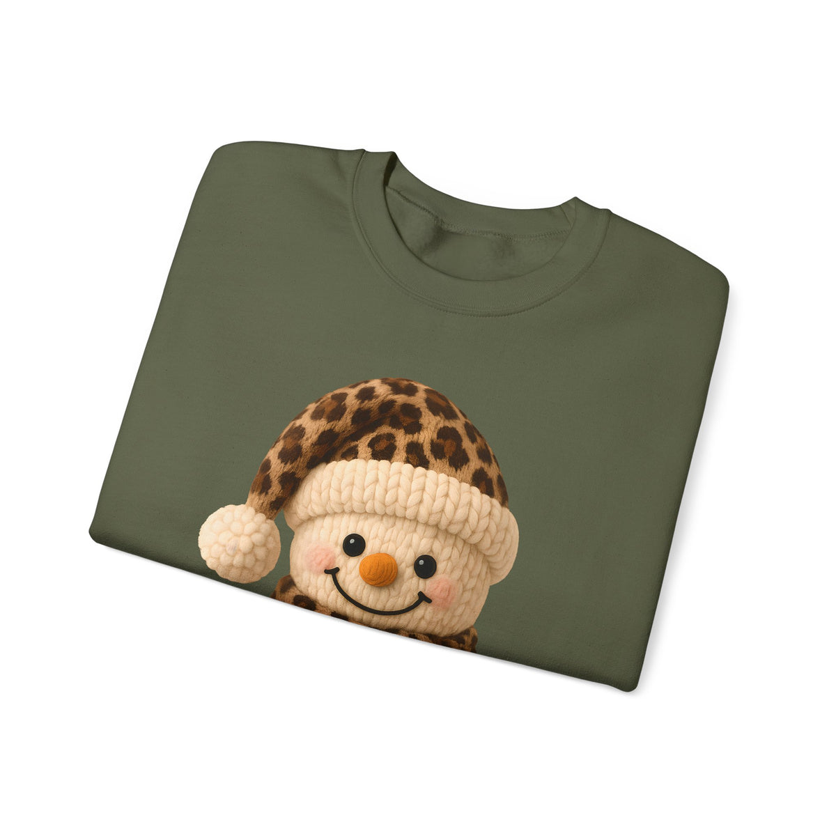 Cute Leopard Faux Knit Snowman Winter – Gildan Heavy Blend | Trendy Women’s Soft Sweatshirt. Direct to Garment. Printed & Shipped in the USA. Unisex Sizes.