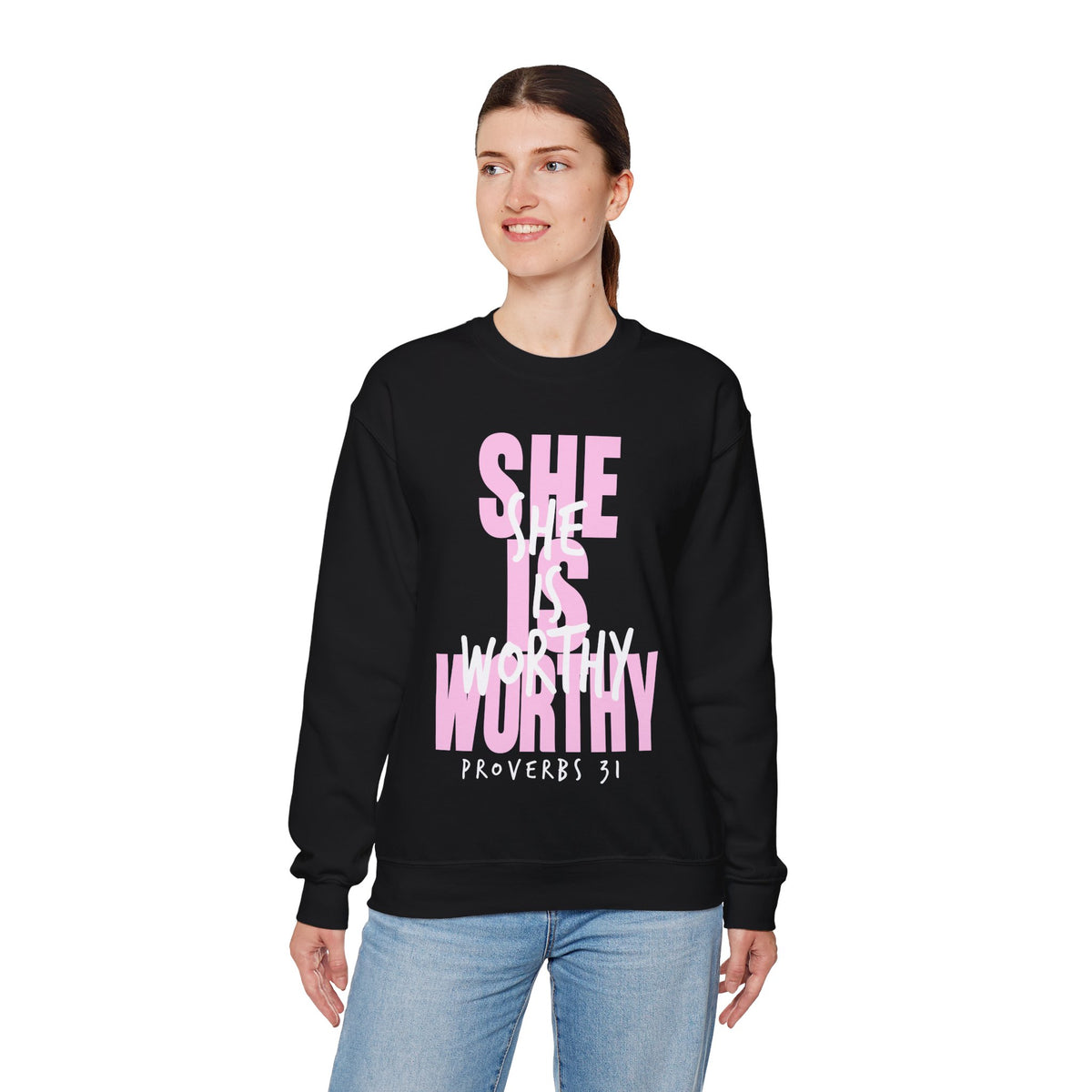 She Is Worthy – Gildan Heavy Blend | Trendy Women’s Soft Sweatshirt. Direct to Garment. Printed & Shipped in the USA. Unisex Sizes.