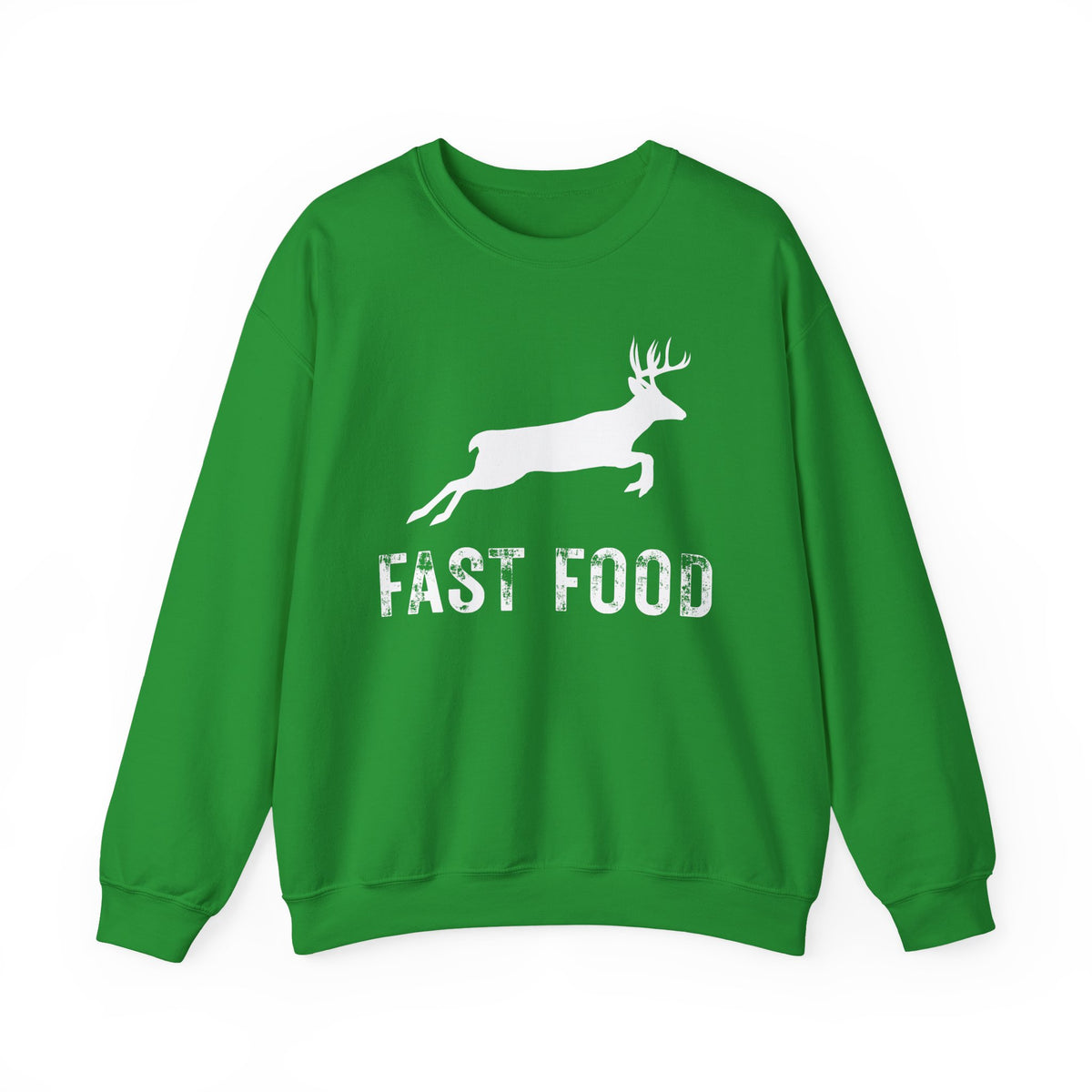 Fast Food Deer Hunting Humor Distressed – Gildan Heavy Blend | Trendy Men's and Women’s Soft Sweatshirt. Direct to Garment. Printed & Shipped in the USA. Unisex Sizes.