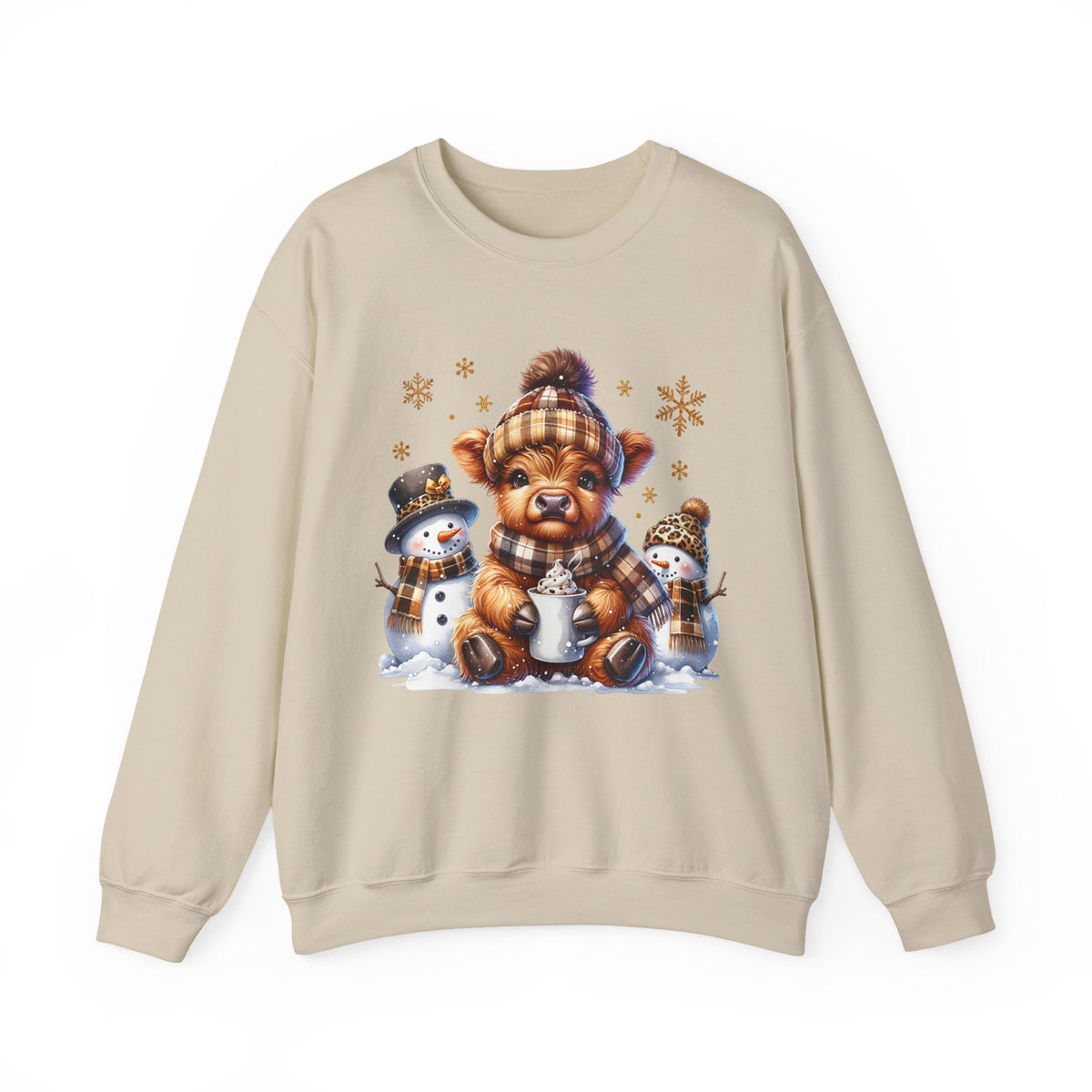 Cute Highland Cow with Snowmen, Winter – Gildan Heavy Blend | Trendy Women’s Soft Sweatshirt. Direct to Garment. Printed & Shipped in the USA. Unisex Sizes.