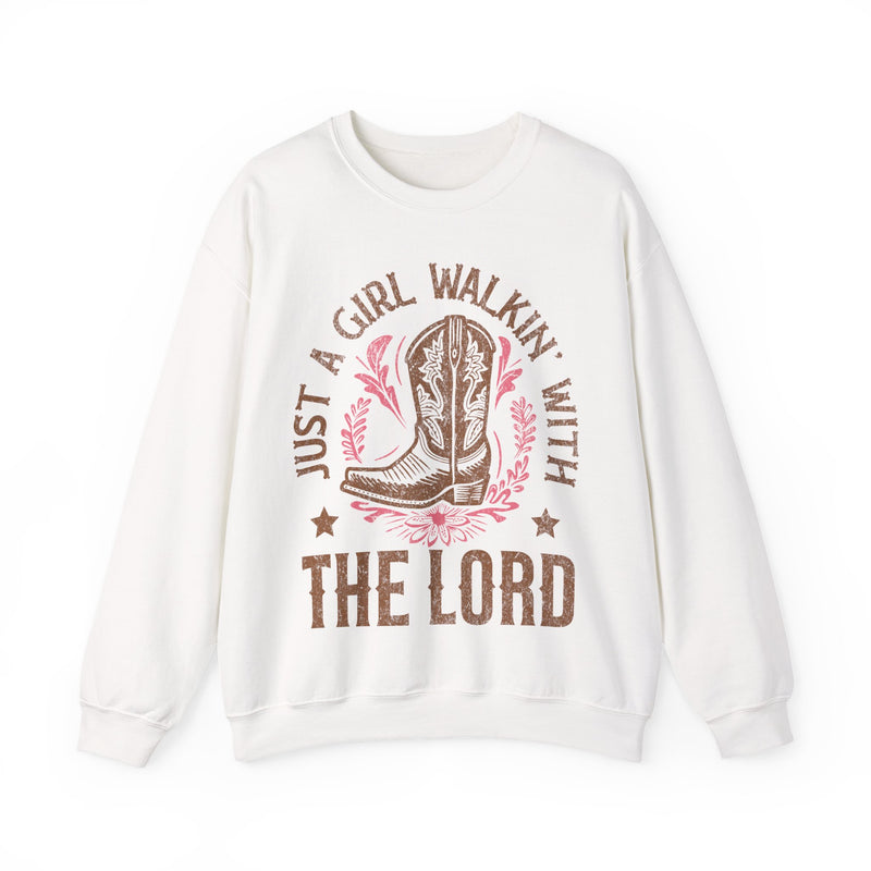 Just a Girl Walkin' with The Lord, Vintage – Gildan Heavy Blend | Trendy Women’s Soft Sweatshirt. Direct to Garment. Printed & Shipped in the USA. Unisex Sizes.