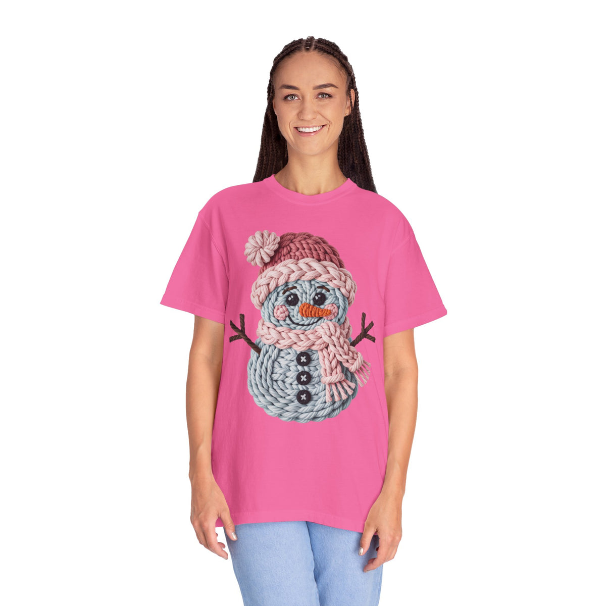 Cute Yarn Snowman - Pink Scarf - Comfort Colors | Trendy Women's T-Shirt. Direct to Garment. Printed & Shipped in the USA. Unisex Sizes.