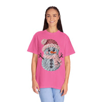 Cute Yarn Snowman - Pink Scarf - Comfort Colors | Trendy Women's T-Shirt. Direct to Garment. Printed & Shipped in the USA. Unisex Sizes.