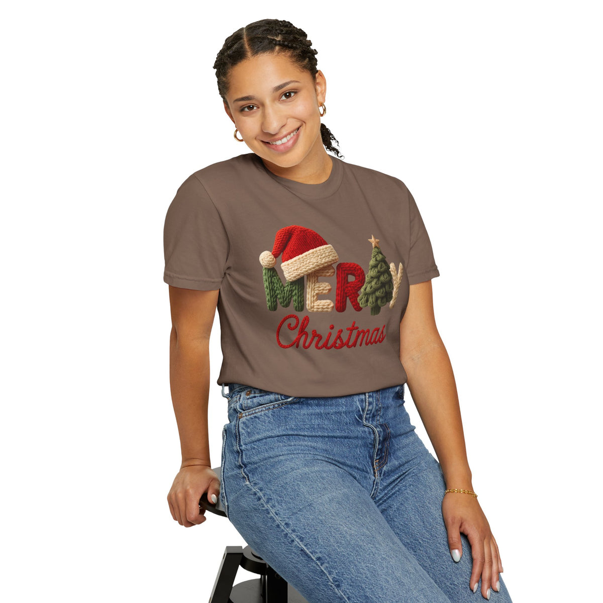 Merry Christmas Faux Yarn w/Santa Hat & Tree - Comfort Colors | Trendy Women's T-Shirt. Direct to Garment. Printed & Shipped in the USA. Unisex Sizes.