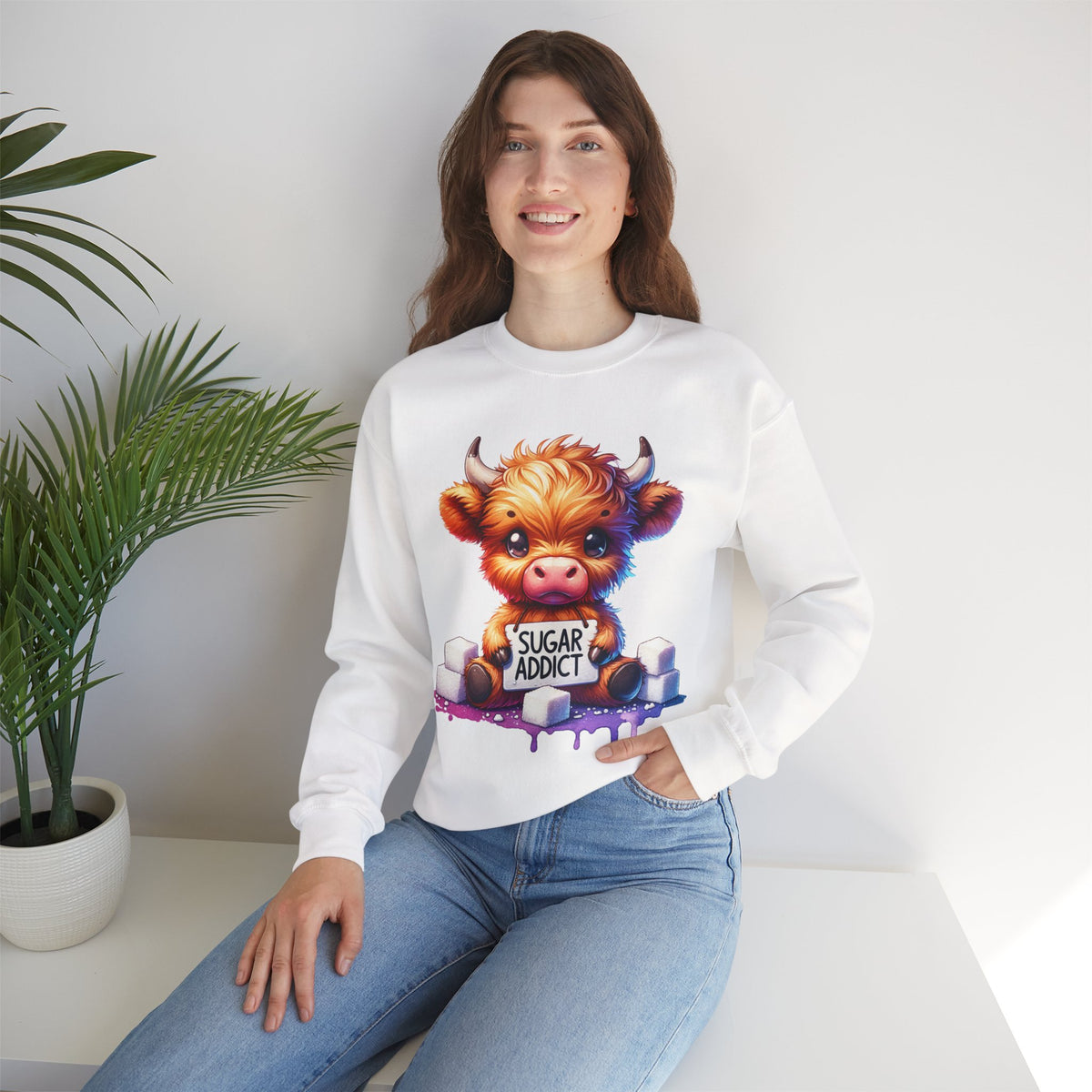 Sugar Addict Highland Cow – Gildan Heavy Blend | Trendy Women’s Soft Sweatshirt. Direct to Garment. Printed & Shipped in the USA. Unisex Sizes.