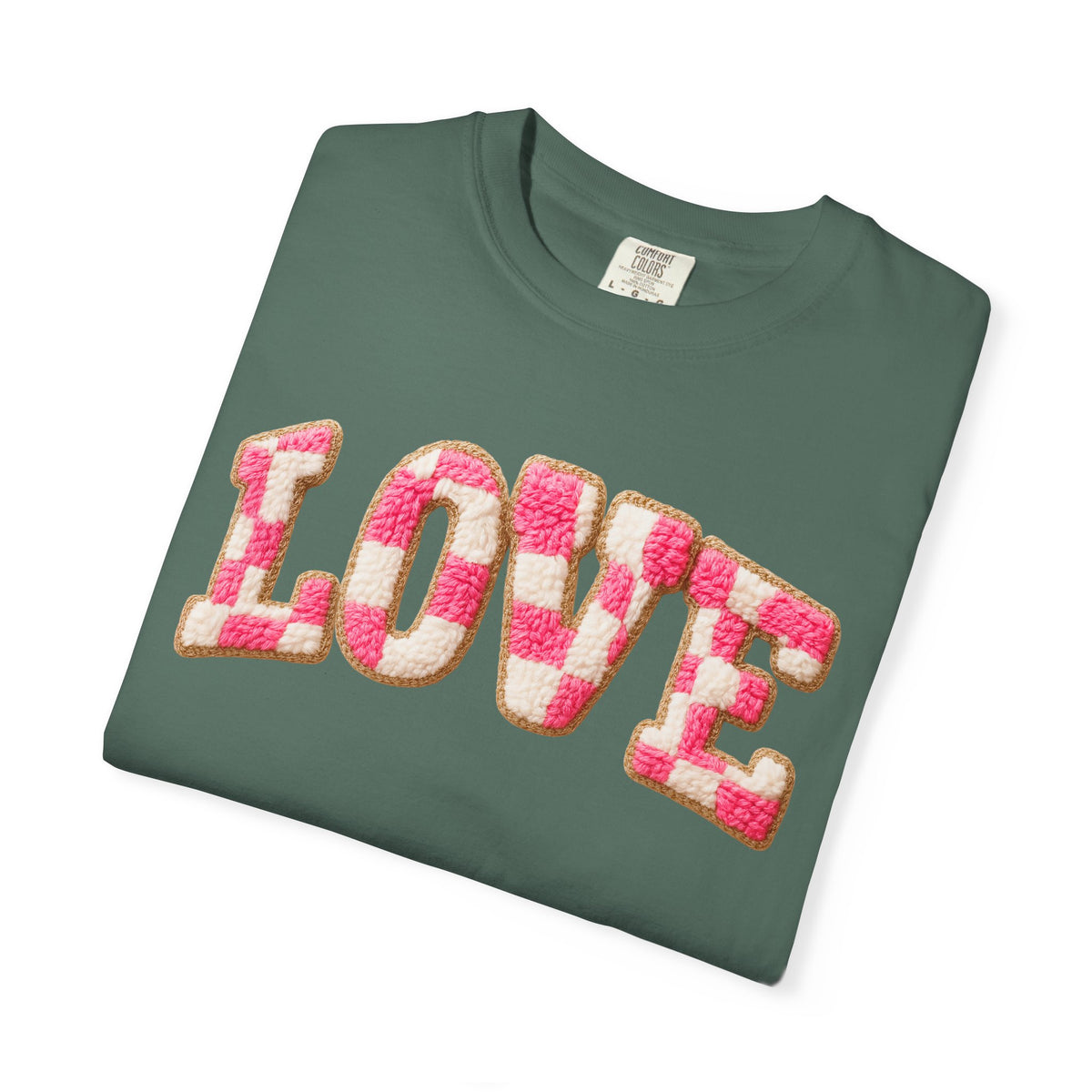 Faux Crochet Checkered LOVE - Comfort Colors | Trendy Women's T-Shirt. Direct to Garment. Printed & Shipped in the USA. Unisex Sizes.