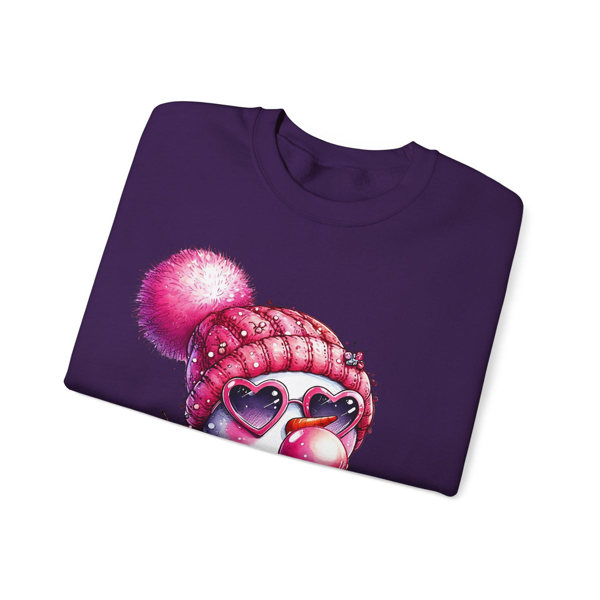 Pink Girly Snowman with Heart Sunglasses and Bubblegum - Winter – Gildan Heavy Blend | Trendy Women’s Soft Sweatshirt. Direct to Garment. Printed & Shipped in the USA. Unisex Sizes.