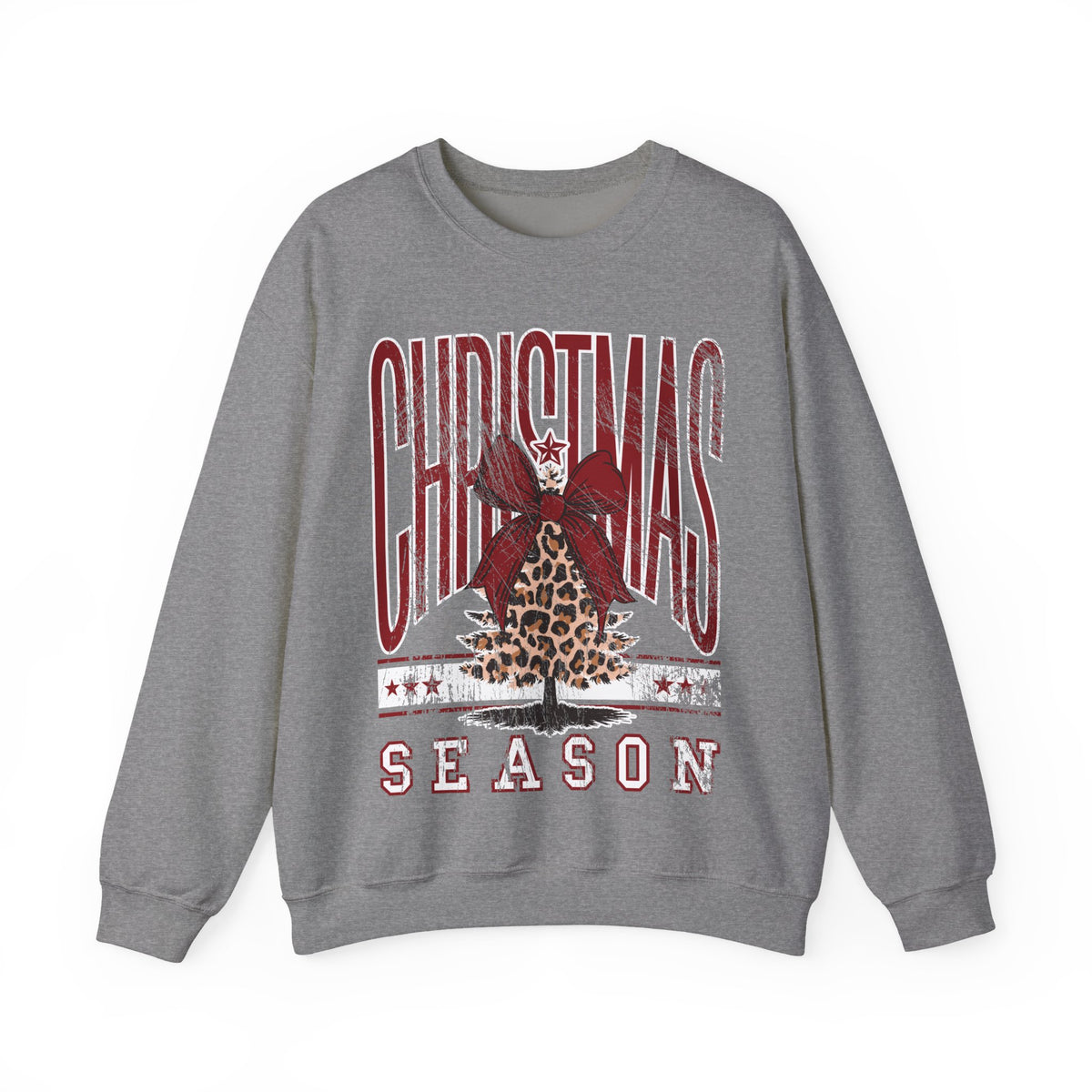 Christmas Season Leopard Tree Distressed – Gildan Heavy Blend | Trendy Women’s Soft Sweatshirt. Direct to Garment. Printed & Shipped in the USA. Unisex Sizes.