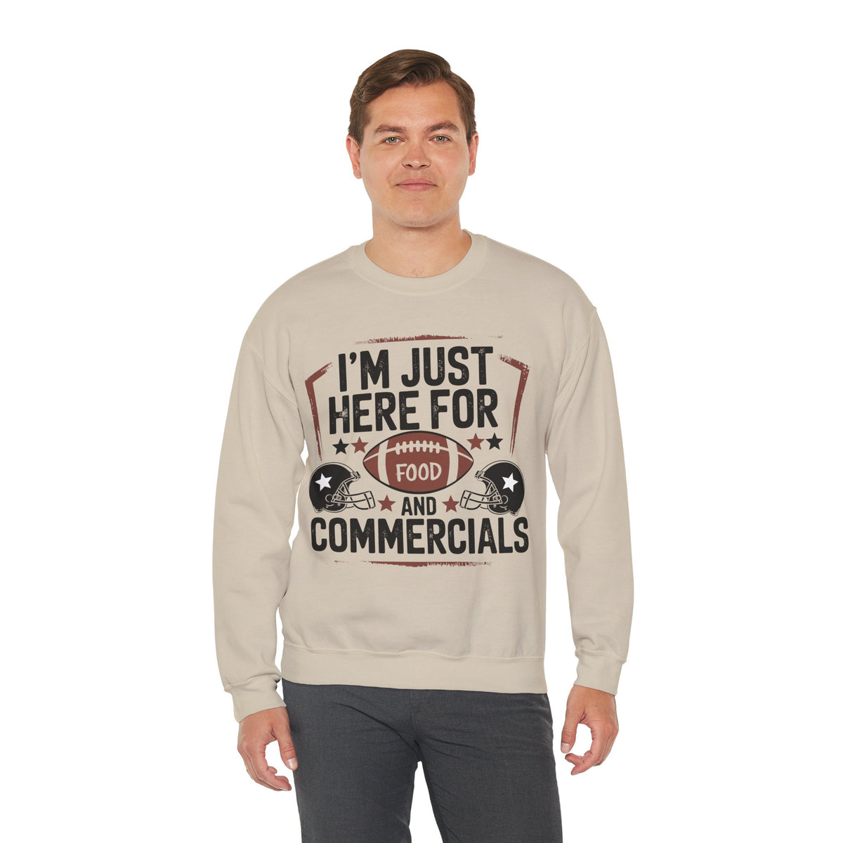 I'm Just Here for Food and Commercials – Gildan Heavy Blend | Trendy Women’s and Men's Soft Sweatshirt. Direct to Garment. Printed & Shipped in the USA. Unisex Sizes.