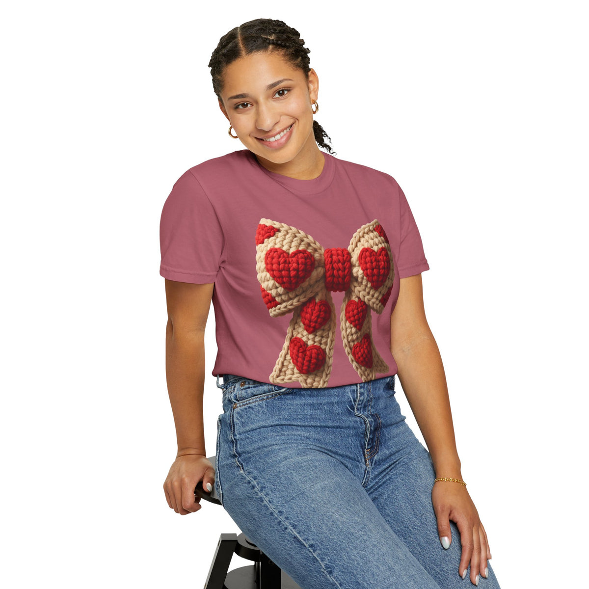 Faux Crochet Valentine Bow - Comfort Colors | Trendy Women's T-Shirt. Direct to Garment. Printed & Shipped in the USA. Unisex Sizes.