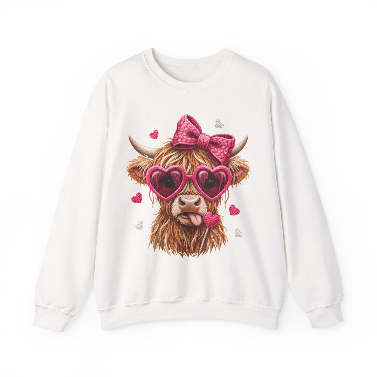 Highland Cow - Pink Heart Shaped Glasses – Gildan Heavy Blend | Trendy Women’s Soft Sweatshirt. Direct to Garment. Printed & Shipped in the USA. Unisex Sizes.