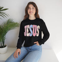 JESUS Pastel Faux Patchwork – Gildan Heavy Blend | Trendy Women’s Soft Sweatshirt. Direct to Garment. Printed & Shipped in the USA. Unisex Sizes.