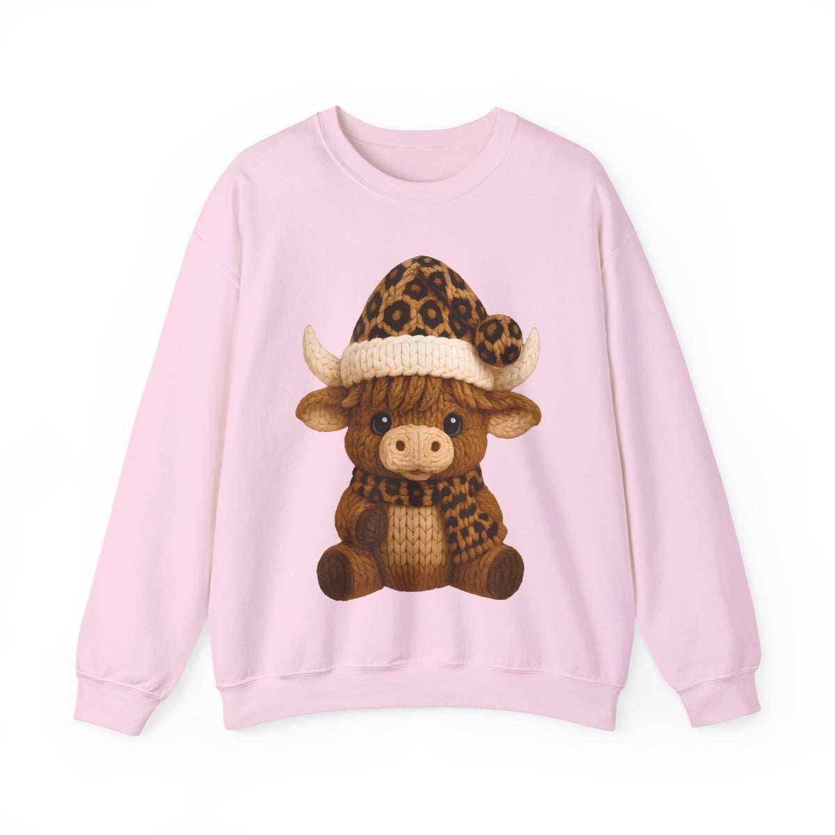 Cute Highland Cow with Leopard Santa Hat Christmas – Gildan Heavy Blend | Trendy Women’s Soft Sweatshirt. Direct to Garment. Printed & Shipped in the USA. Unisex Sizes.