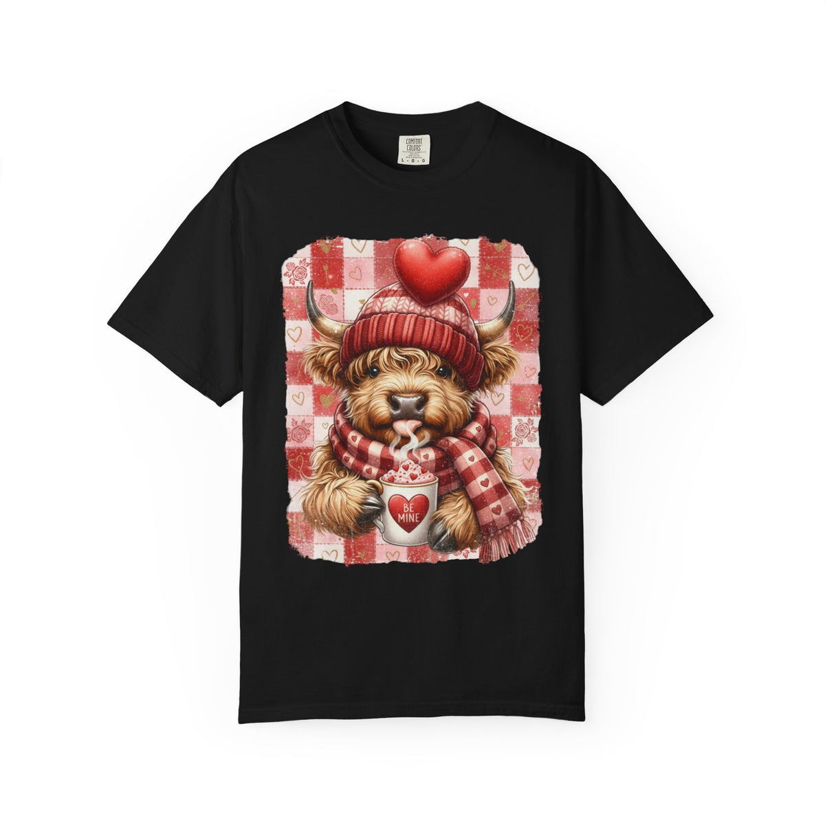 Highland Cow Be Mine, Red Checkered - Comfort Colors | Trendy Women's T-Shirt. Direct to Garment. Printed & Shipped in the USA. Unisex Sizes.