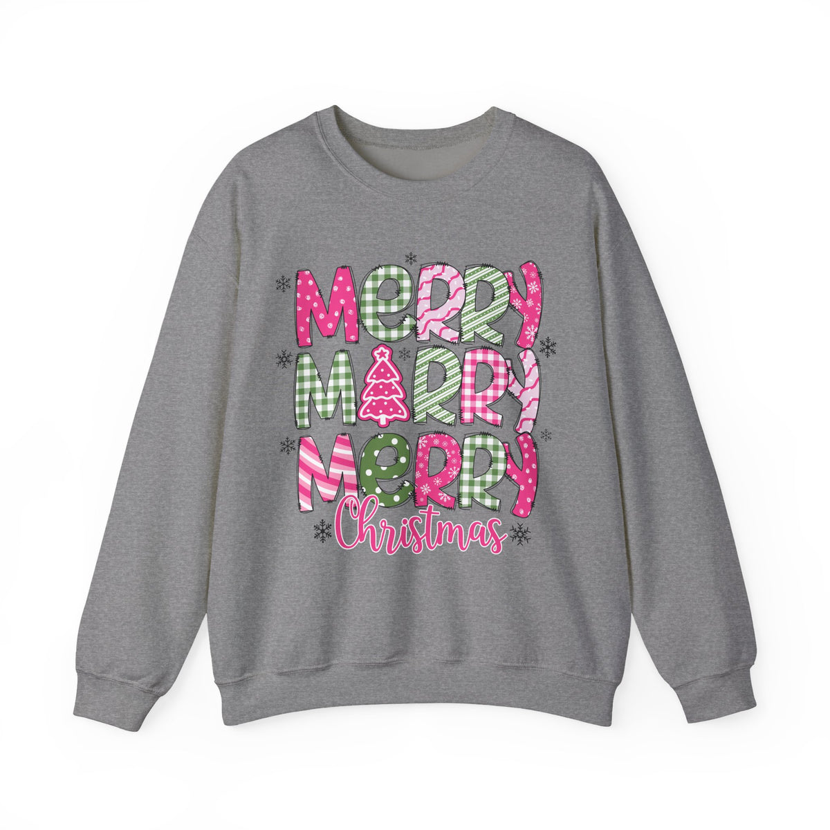 Merry Merry Merry Christmas Festive Candy Cane - Pink and Green – Gildan Heavy Blend | Trendy Women’s Soft Sweatshirt. Direct to Garment. Printed & Shipped in the USA. Unisex Sizes.