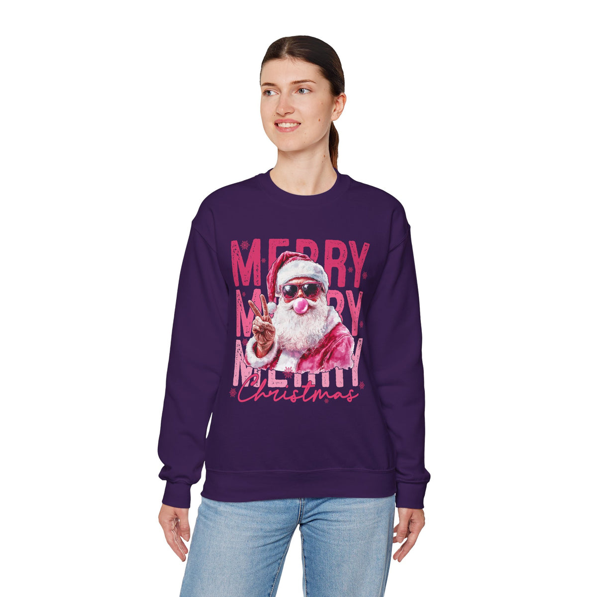 Pink Merry Christmas Bubblegum Santa – Gildan Heavy Blend | Trendy Women’s Soft Sweatshirt. Direct to Garment. Printed & Shipped in the USA. Unisex Sizes.