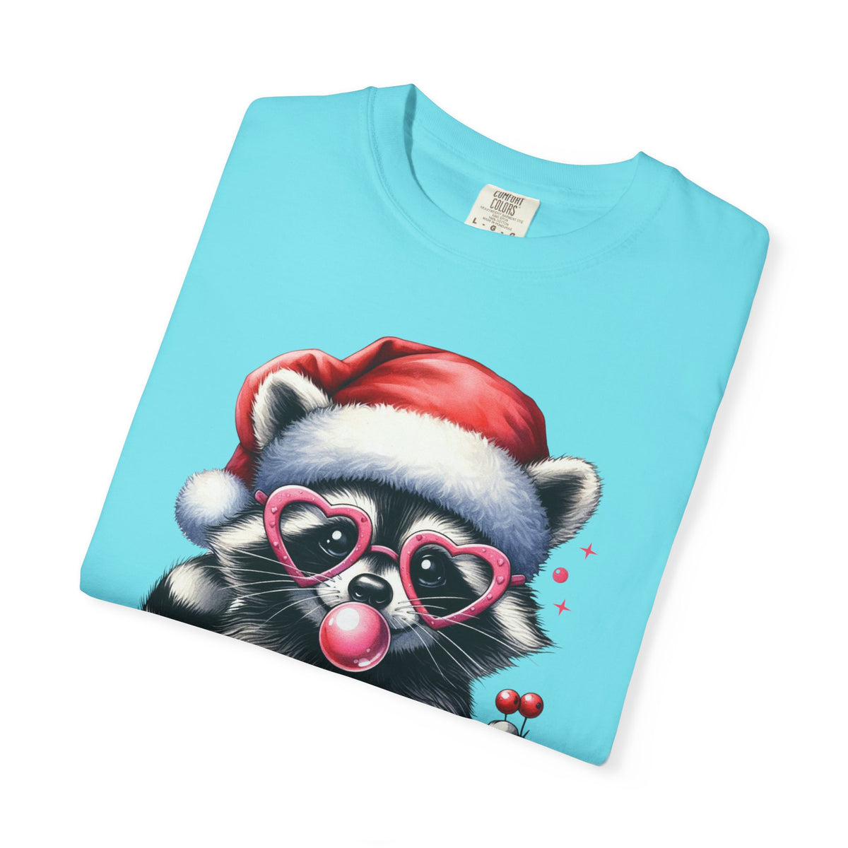 Merry Trashmas Bubblegum Raccoon w/Santa Hat Christmas - Comfort Colors | Trendy Women's T-Shirt. Direct to Garment. Printed & Shipped in the USA. Unisex Sizes.