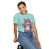 Cute But Feral, Raccoon in Pink Bibs - Comfort Colors | Trendy Women's T-Shirt. Direct to Garment. Printed & Shipped in the USA. Unisex Sizes.