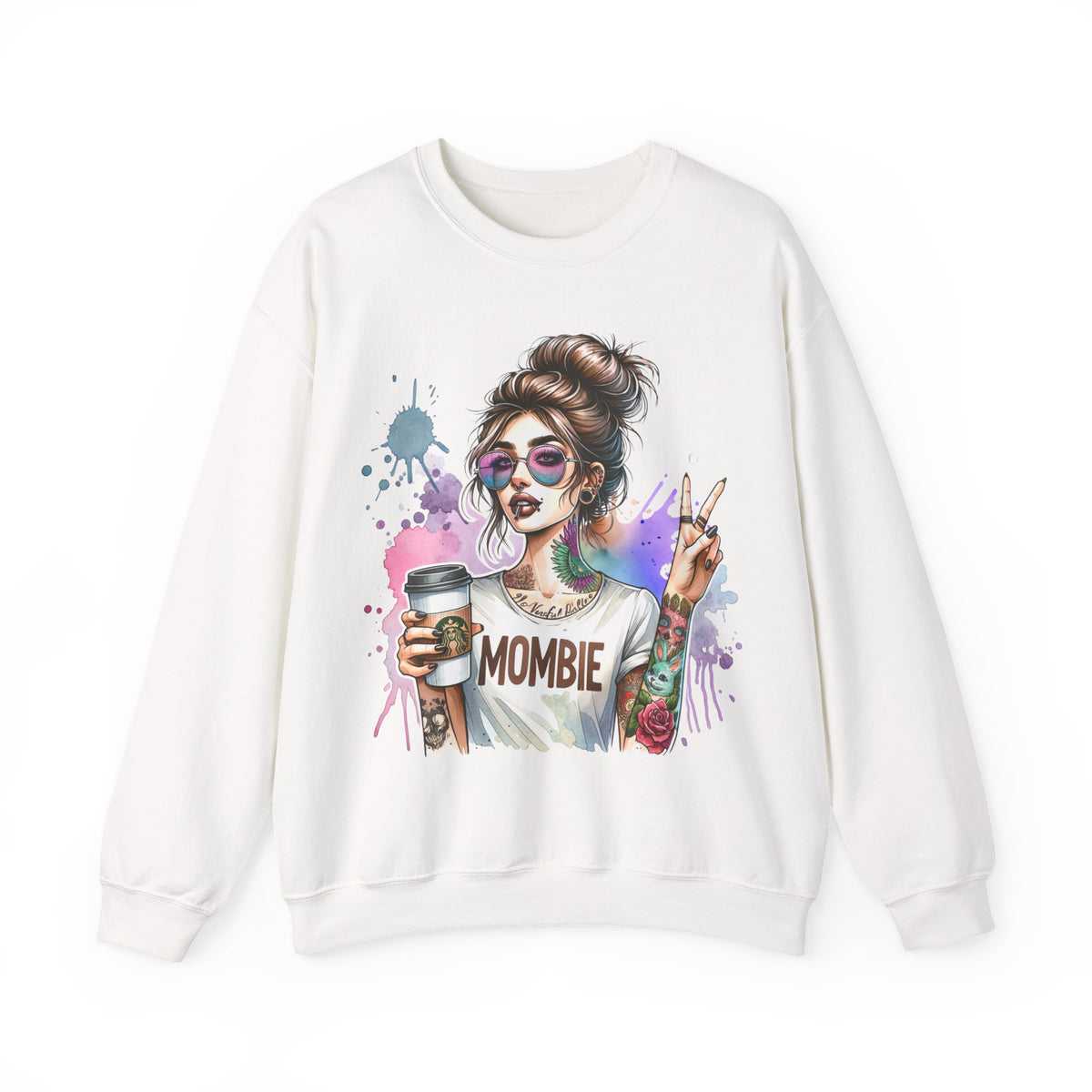 Cool Mombie with Coffee Peace Tattoo - Tired Mom – Gildan Heavy Blend | Trendy Women’s Soft Sweatshirt. Direct to Garment. Printed & Shipped in the USA. Unisex Sizes.