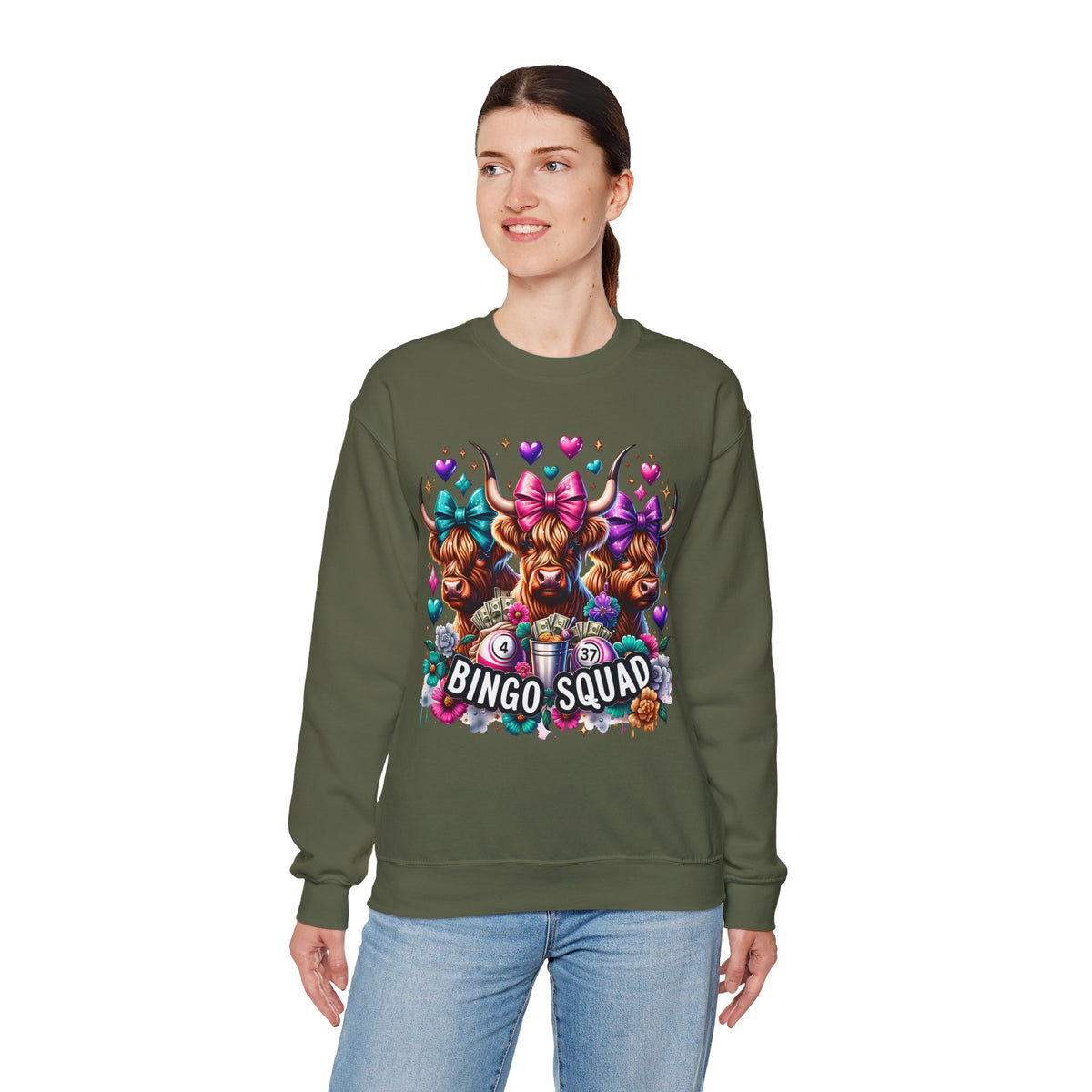 Cute Highland Cows Bingo Squad – Gildan Heavy Blend | Trendy Women’s Soft Sweatshirt. Direct to Garment. Printed & Shipped in the USA. Unisex Sizes.