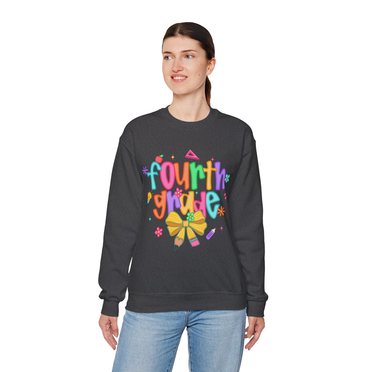 Coquette Fourth Grade Pencil Bow – Gildan Heavy Blend | Trendy Women’s Soft Sweatshirt. Direct to Garment. Printed & Shipped in the USA. Unisex Sizes.